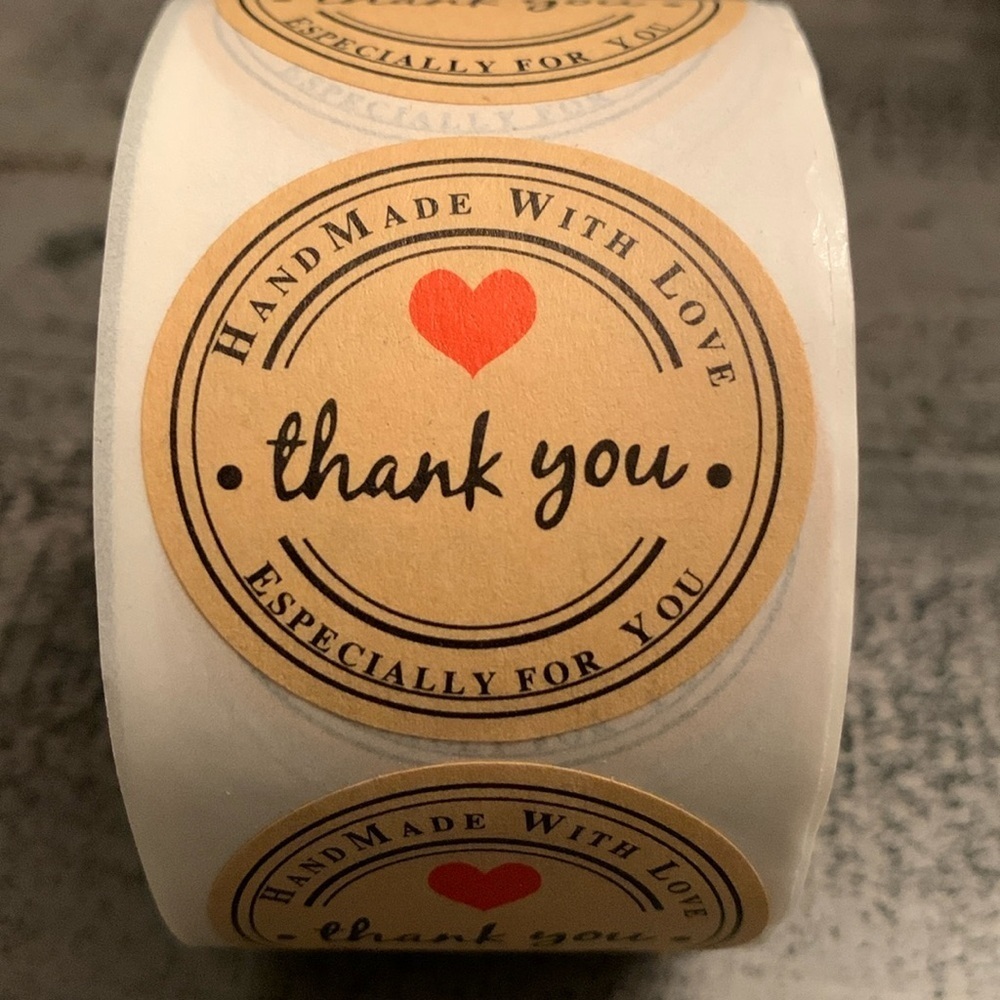 Homemade w Love Thank You Stickers Label, 500 Round 1.5”x1.5” Kraft color NWT
